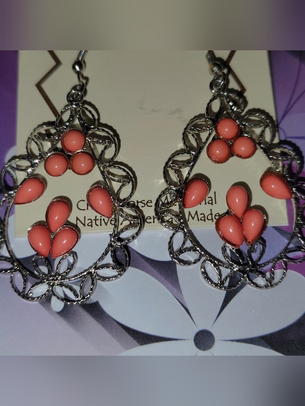 Crazy Horse Memorial Native American Spiny Oyster Shell Earrings Salmon Orange